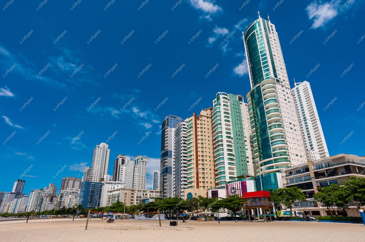 Balneário Camboriú, Santa Catarina, vista da orla em dia ensolarado com prédios altos e vegetação na praia