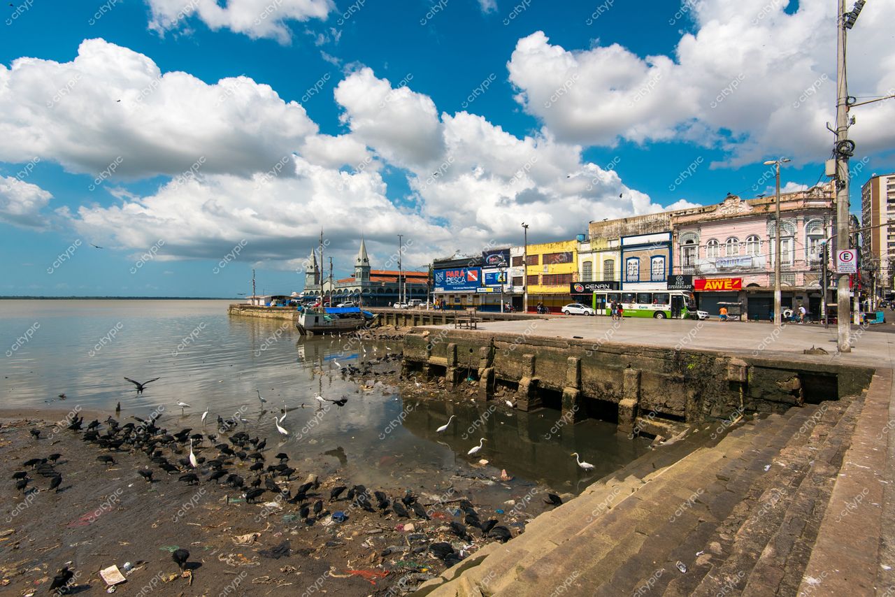 Belém, Pará, vista do cais com barcos ancorados, nuvens no céu e aterro com aves e lixo visível