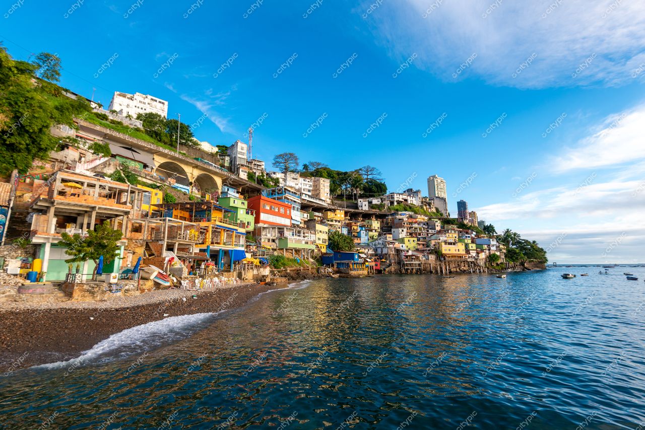 Salvador, Bahia vista da orla com edifícios coloridos em morro, água tranquila e vegetação verdejante ao redor