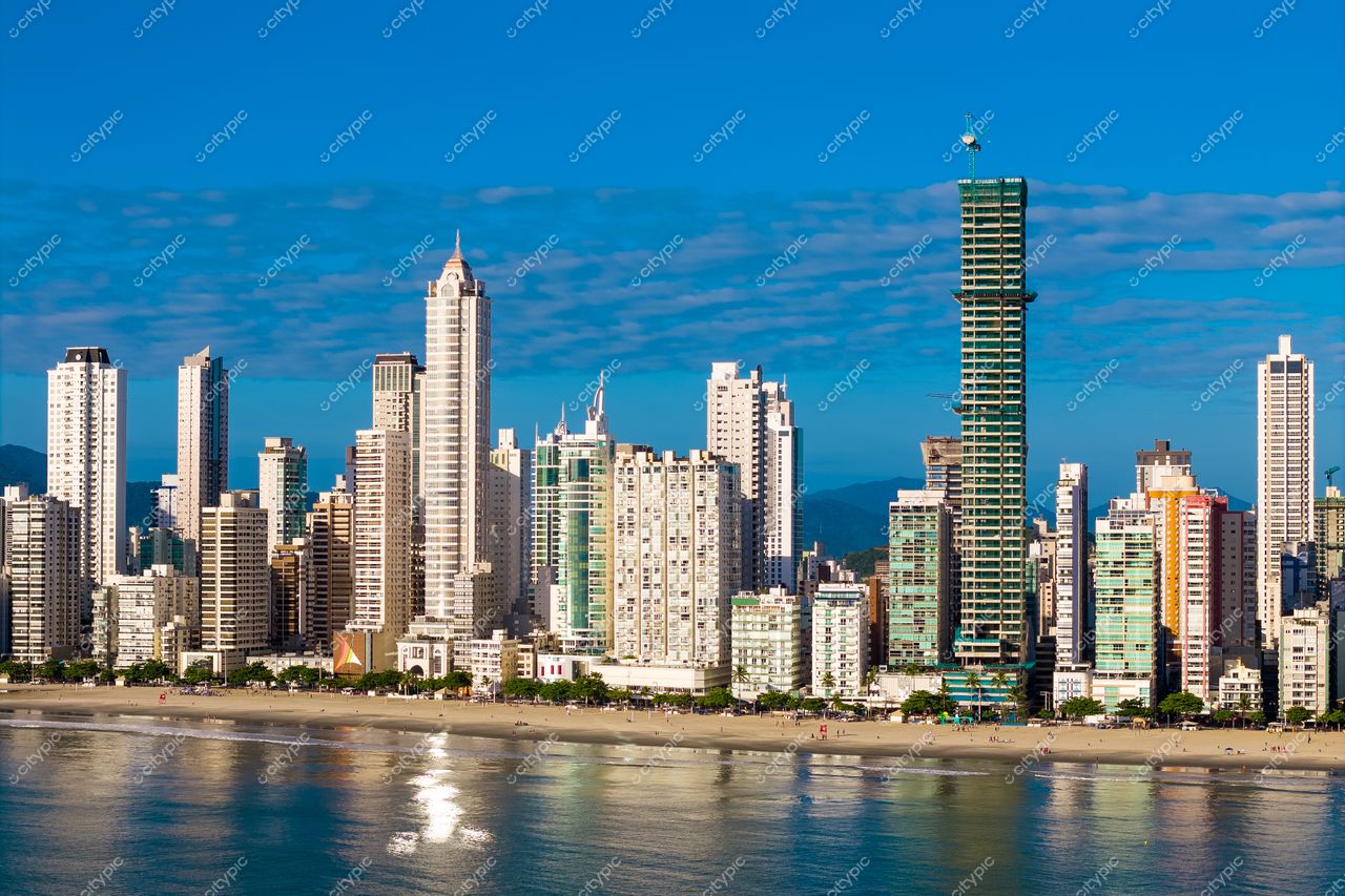 Balneário Camboriú, Santa Catarina, vista da orla com arranha-céus e vegetação em dia ensolarado e céu azul