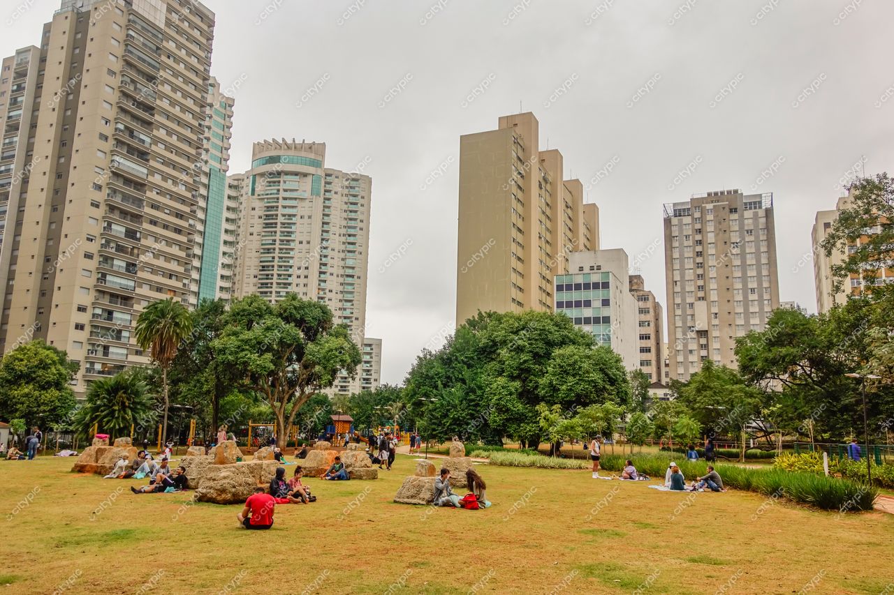 Parque Tenente Siqueira Campos (Trianon) em São Paulo com céu nublado e pessoas interagindo em área verde urbana