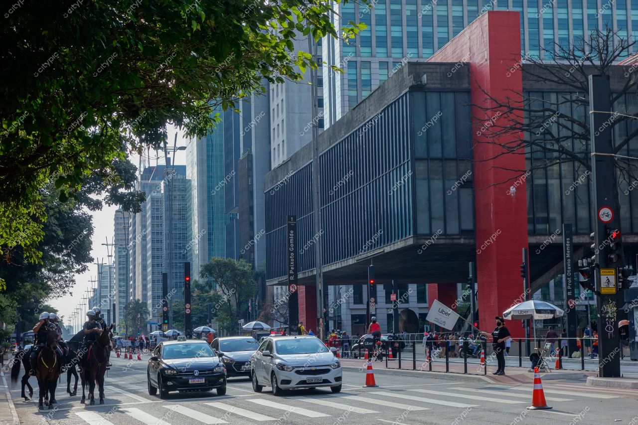 MASP – Museu de Arte de São Paulo em dia claro com trânsito moderado e vegetação ao redor na Avenida Paulista