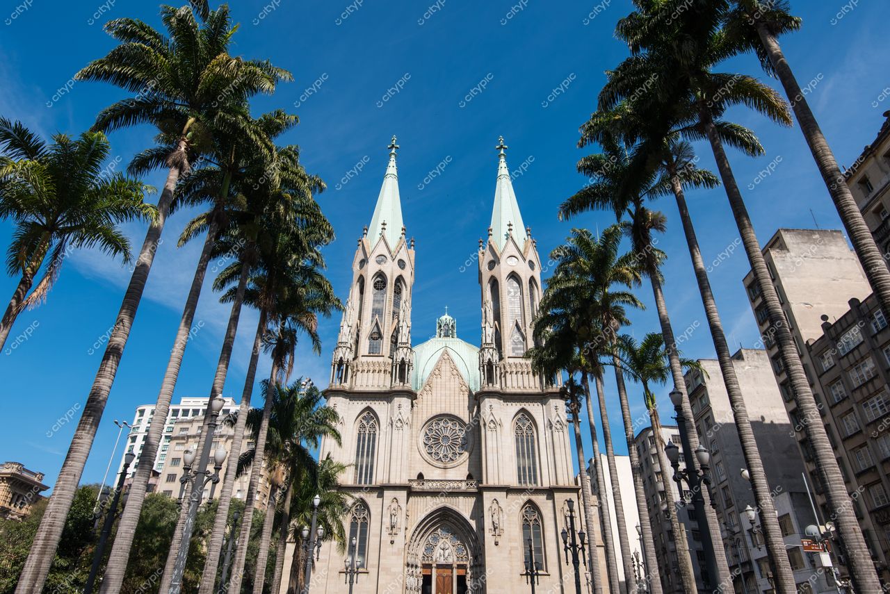 São Paulo, São Paulo, Catedral da Sé com torres góticas e palmeiras sob céu azul em ambiente urbano moderno