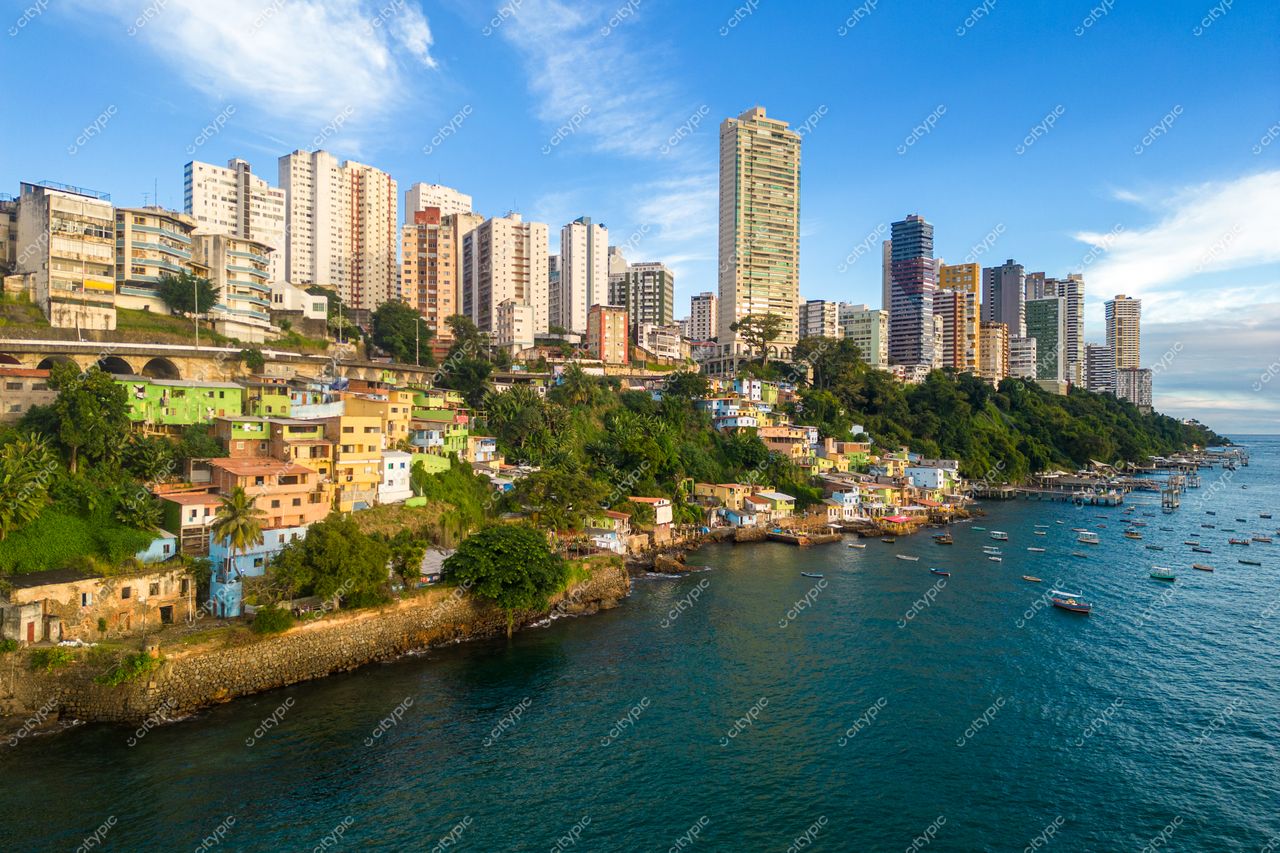Salvador, Bahia vista panorâmica da orla com edifícios coloridos, vegetação densa e barcos ancorados em dia ensolarado