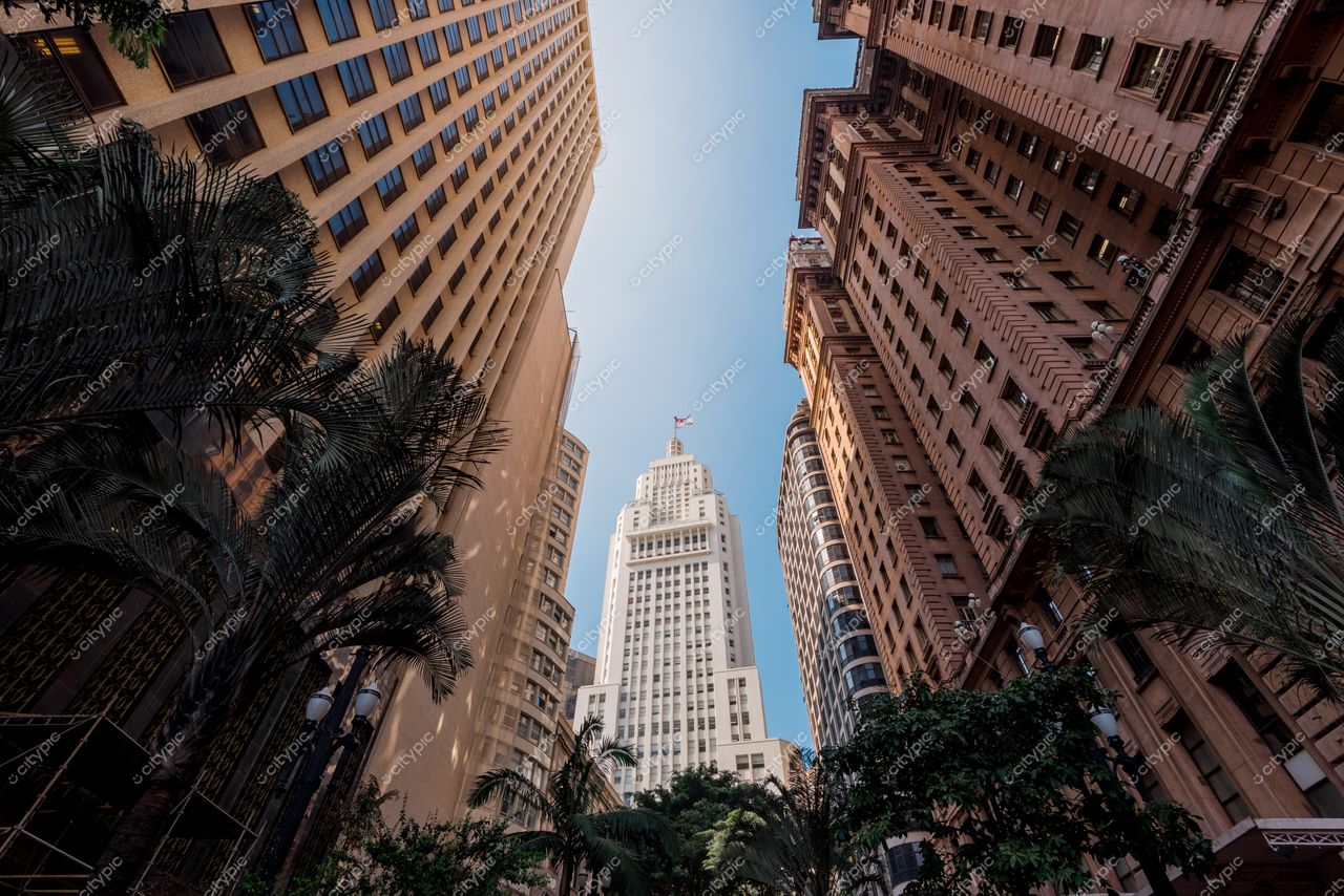 São Paulo, São Paulo, cruzamento vertical com Edifício Altino Arantes e vegetação urbana em dia ensolarado