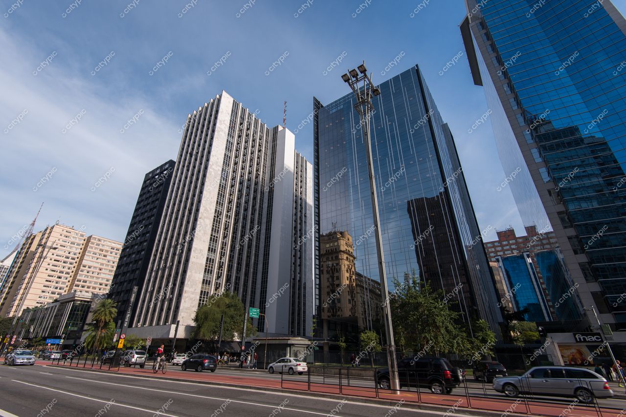 São Paulo, São Paulo, vista urbana com edifícios modernos e clássicos, tráfego intenso e vegetação ao redor