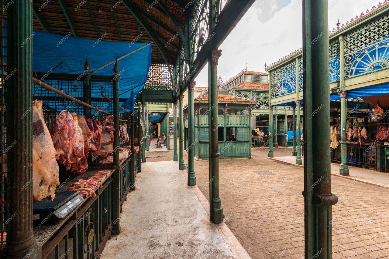Belém, Pará mercado movimentado com barracas de carnes sob lonas azuis e arquitetura de ferro detalhada durante o dia