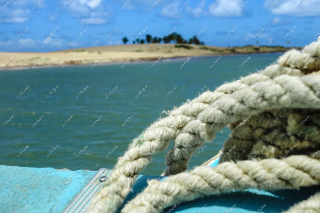 Brejo Grande, Sergipe, corda de barco em primeiro plano com água verde e vegetação sob céu nublado durante o dia