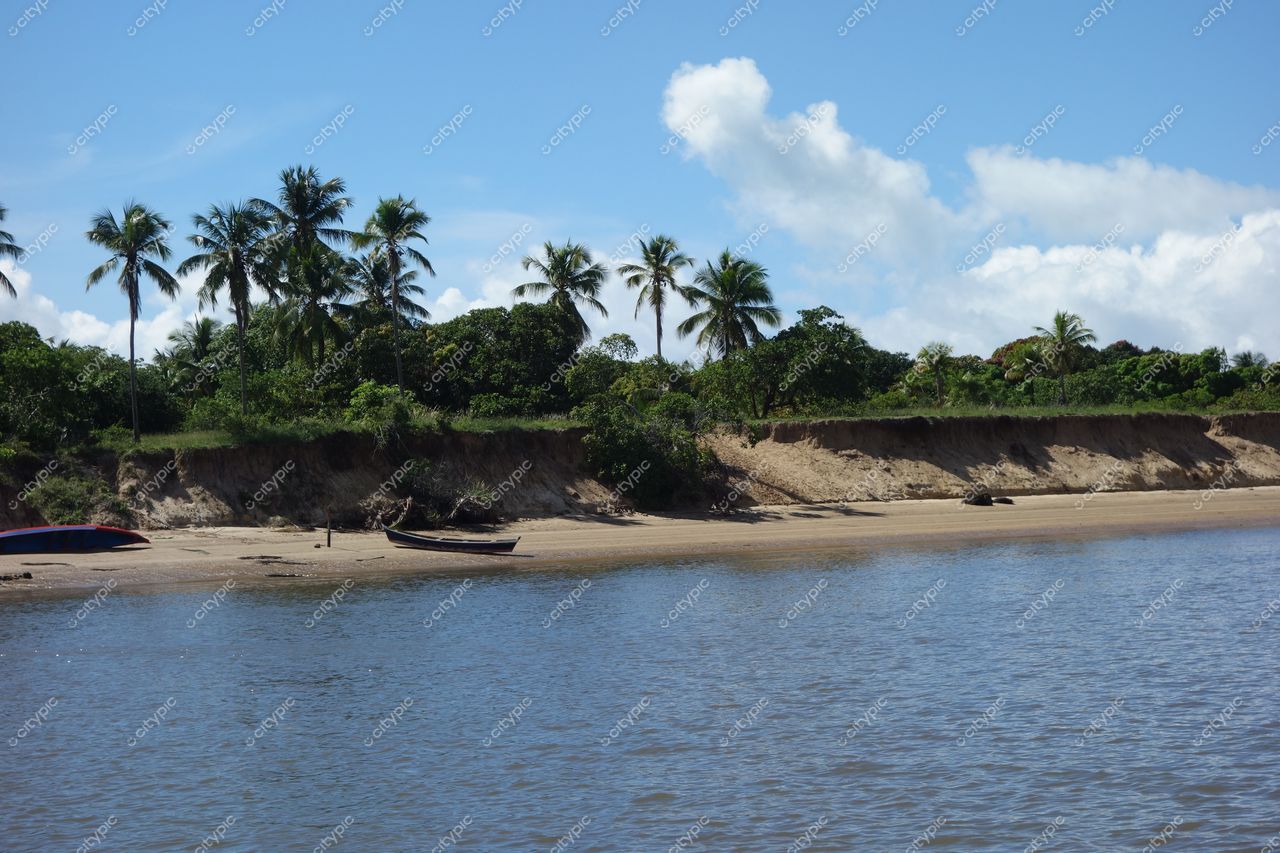 Aracaju, Sergipe com costa tranquila e areia clara, vegetação densa e barcos ancorados sob céu azul claro