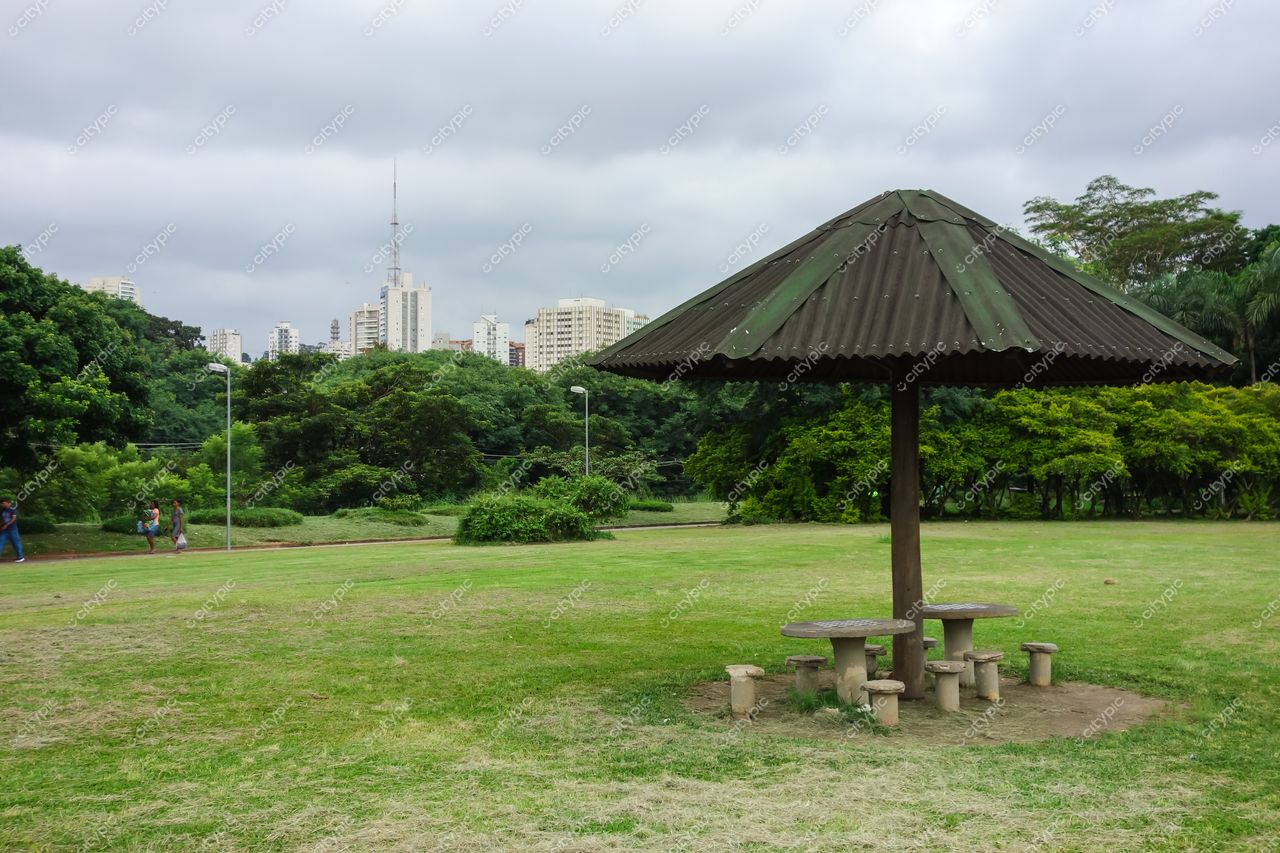 São Paulo, São Paulo, parque com mesa de pícnic sob céu nublado e edifícios ao fundo em contraste urbano
