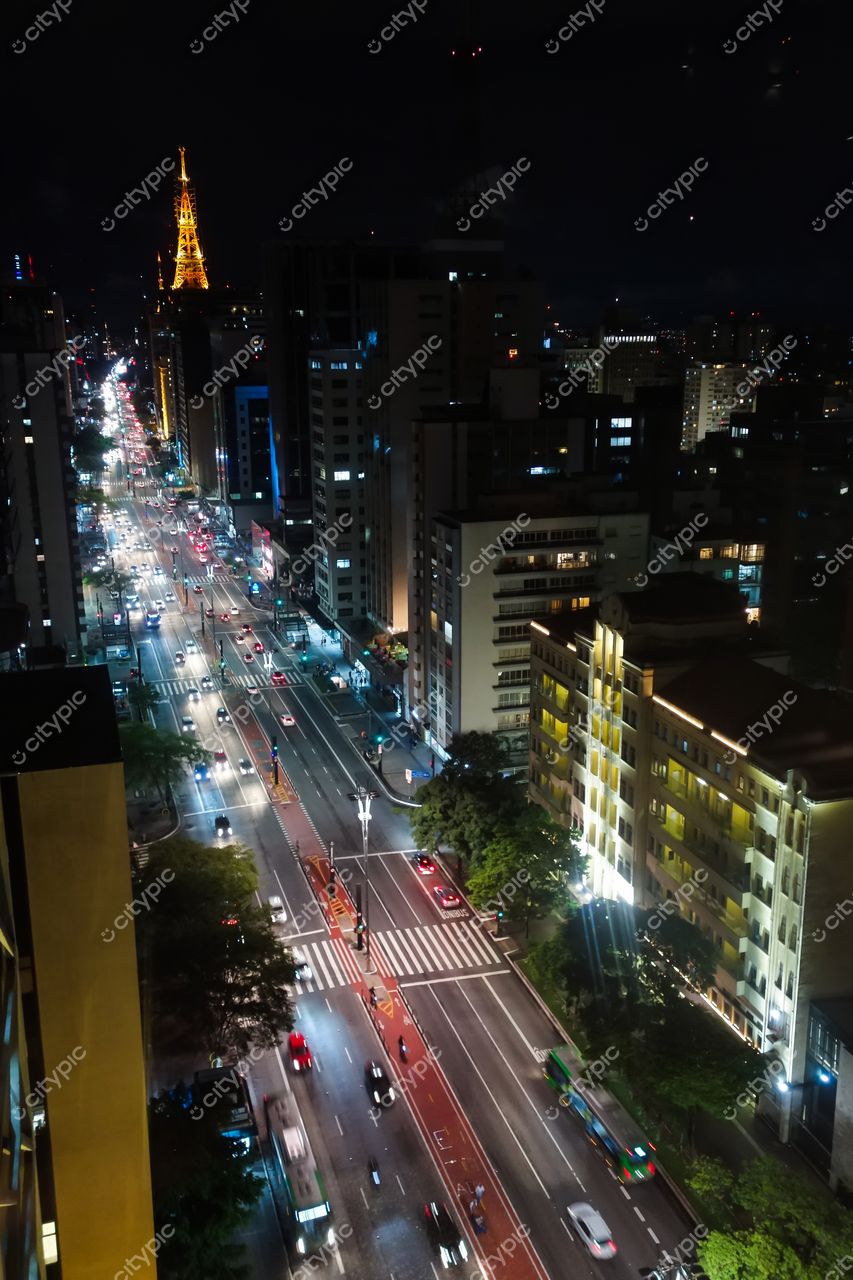 São Paulo, São Paulo, vista noturna com a Torre Eiffel Brasileira iluminada em laranja e vegetação nas calçadas