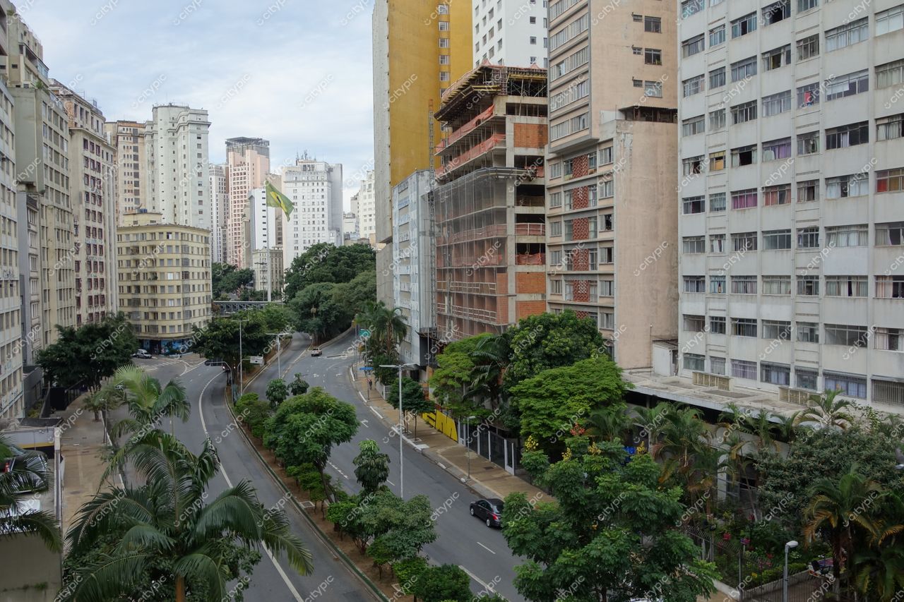 São Paulo, São Paulo, vista urbana com diversidade arquitetônica e vegetação rasteira sob céu nublado e iluminação suave