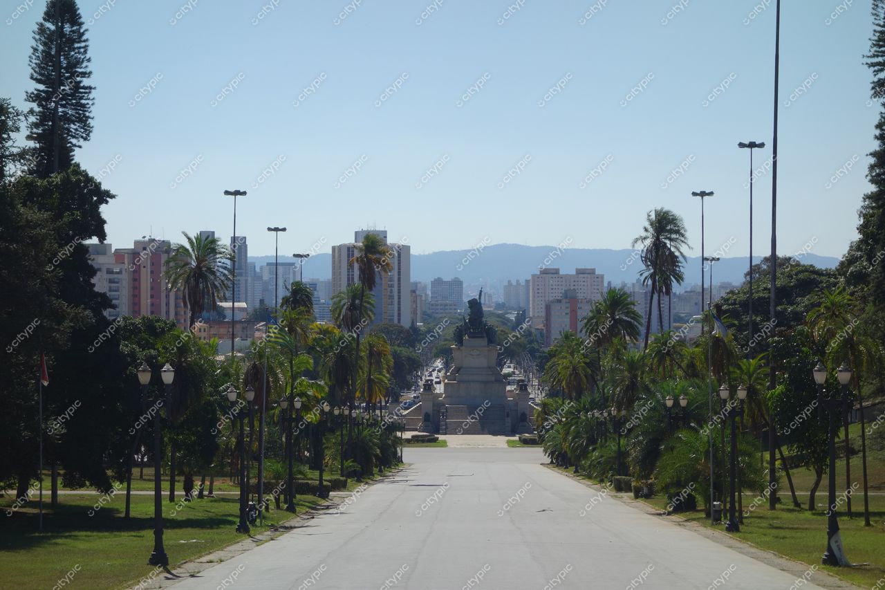 São Paulo, São Paulo, ampla rua pavimentada com vegetação e monumento central em manhã ensolarada com prédios urbanos