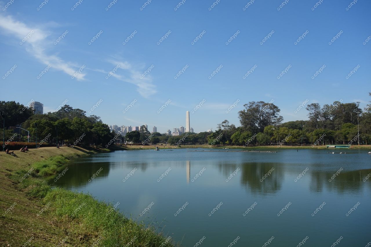 São Paulo, São Paulo, lago sereno com vegetação ao redor e arranha-céus modernos sob céu azul claro