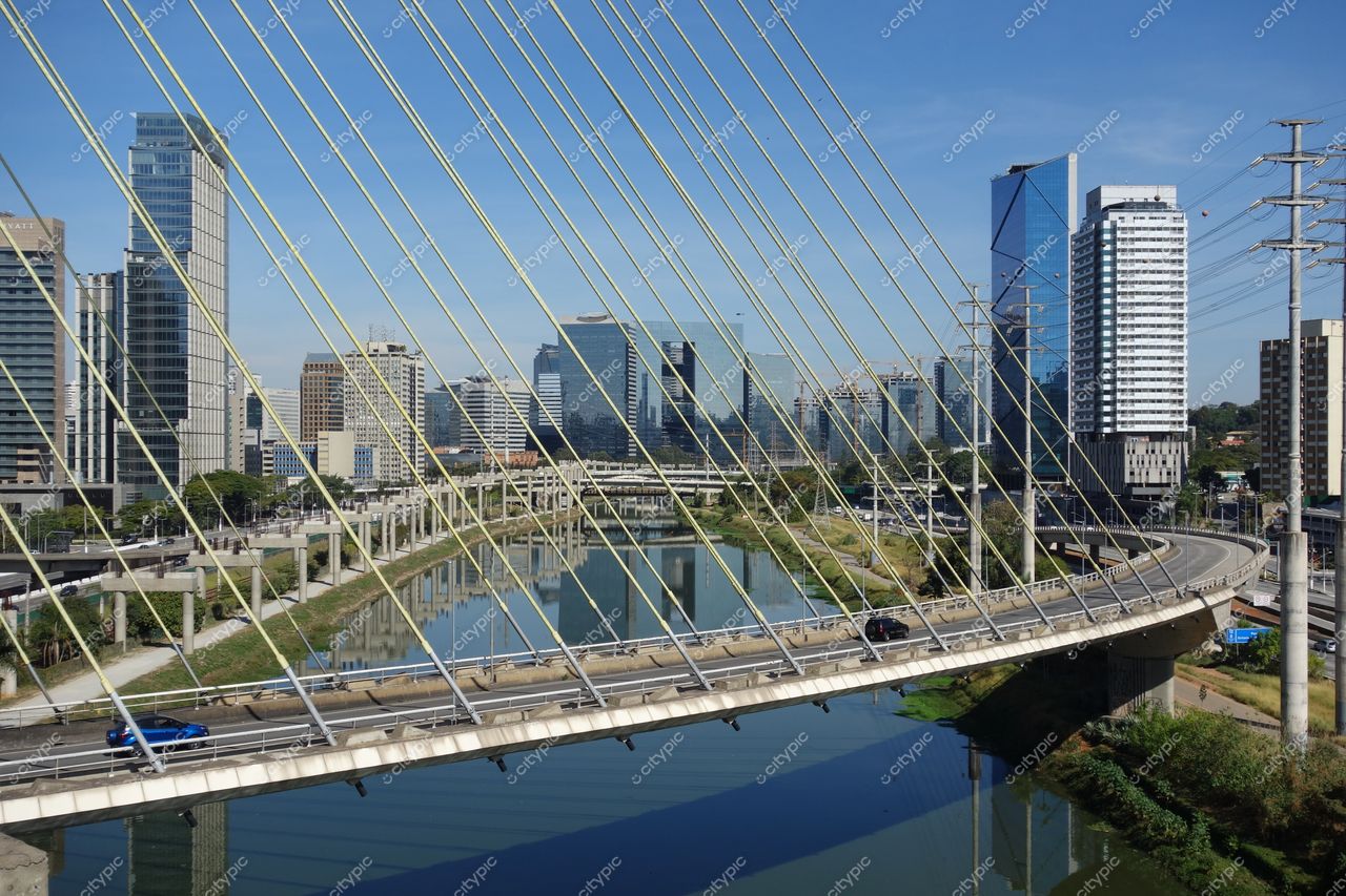 São Paulo, São Paulo, vista da ponte sobre o rio com arranha-céus modernos e vegetação à margem em manhã ensolarada