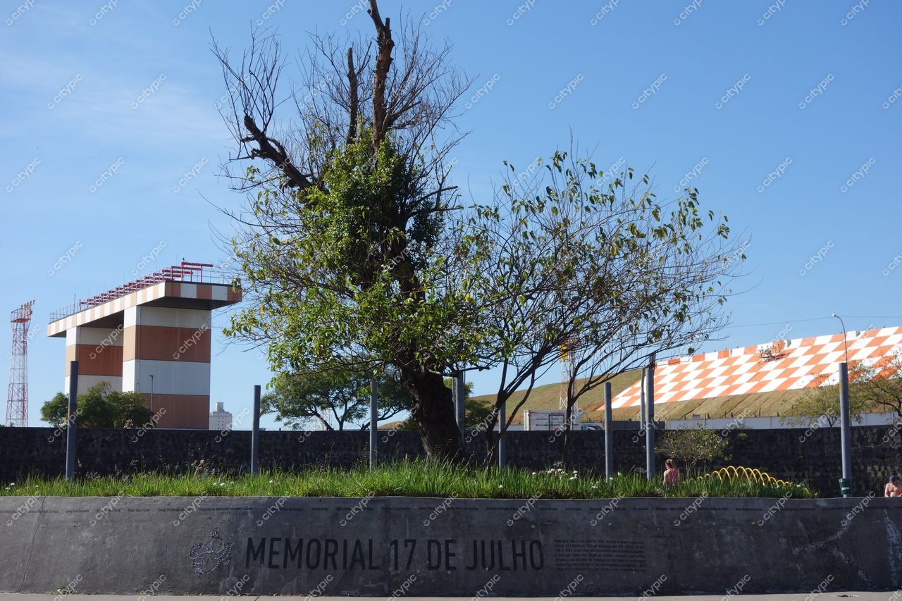 São Paulo, São Paulo, Memorial 17 de Julho com árvore seca em primeiro plano e estrutura laranja ao fundo