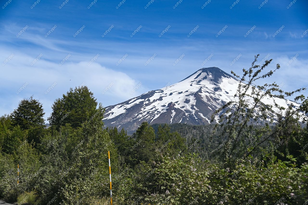 Vulcão coberto de neve ao fundo com vegetação densa e estrada à esquerda em dia claro e ensolarado