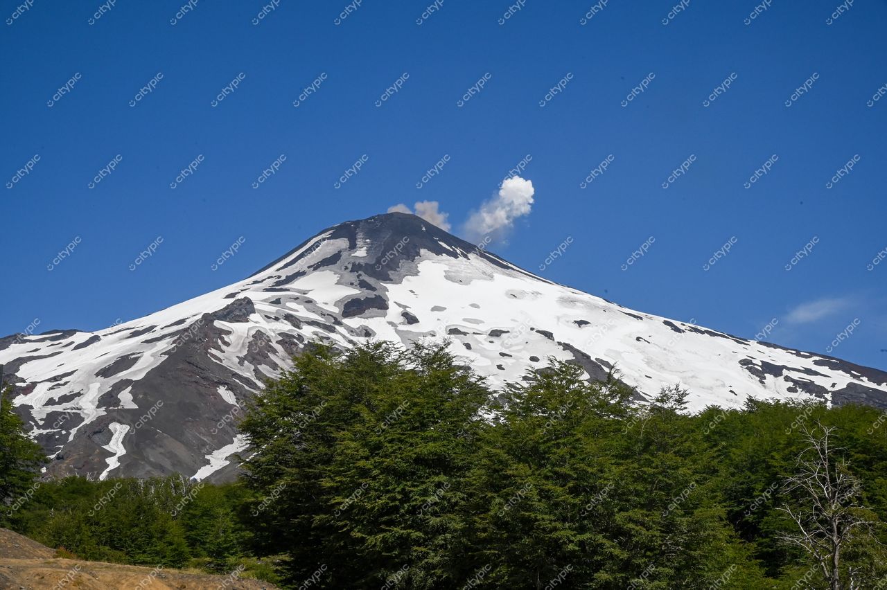 Vulcão coberto de neve com fumaça no topo e vegetação densa em primeiro plano sob céu azul claro