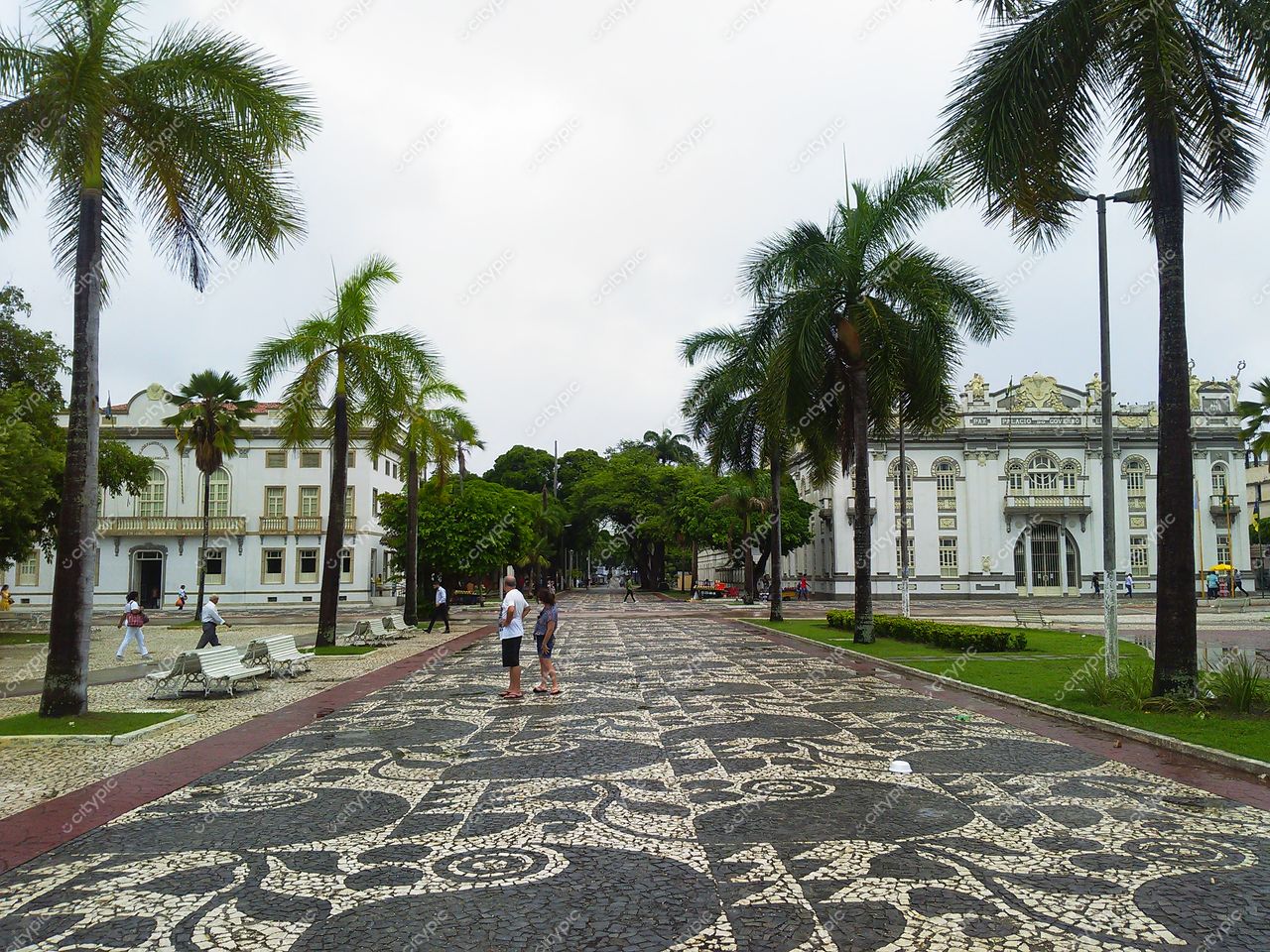 Palácio Museu Olímpio Campos em Aracaju com calçamento de pedras e palmeiras em dia nublado e tranquilo