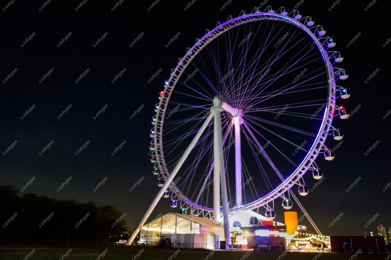 São Paulo, São Paulo, roda-gigante iluminada à noite com cápsulas coloridas e gramado verde em primeiro plano