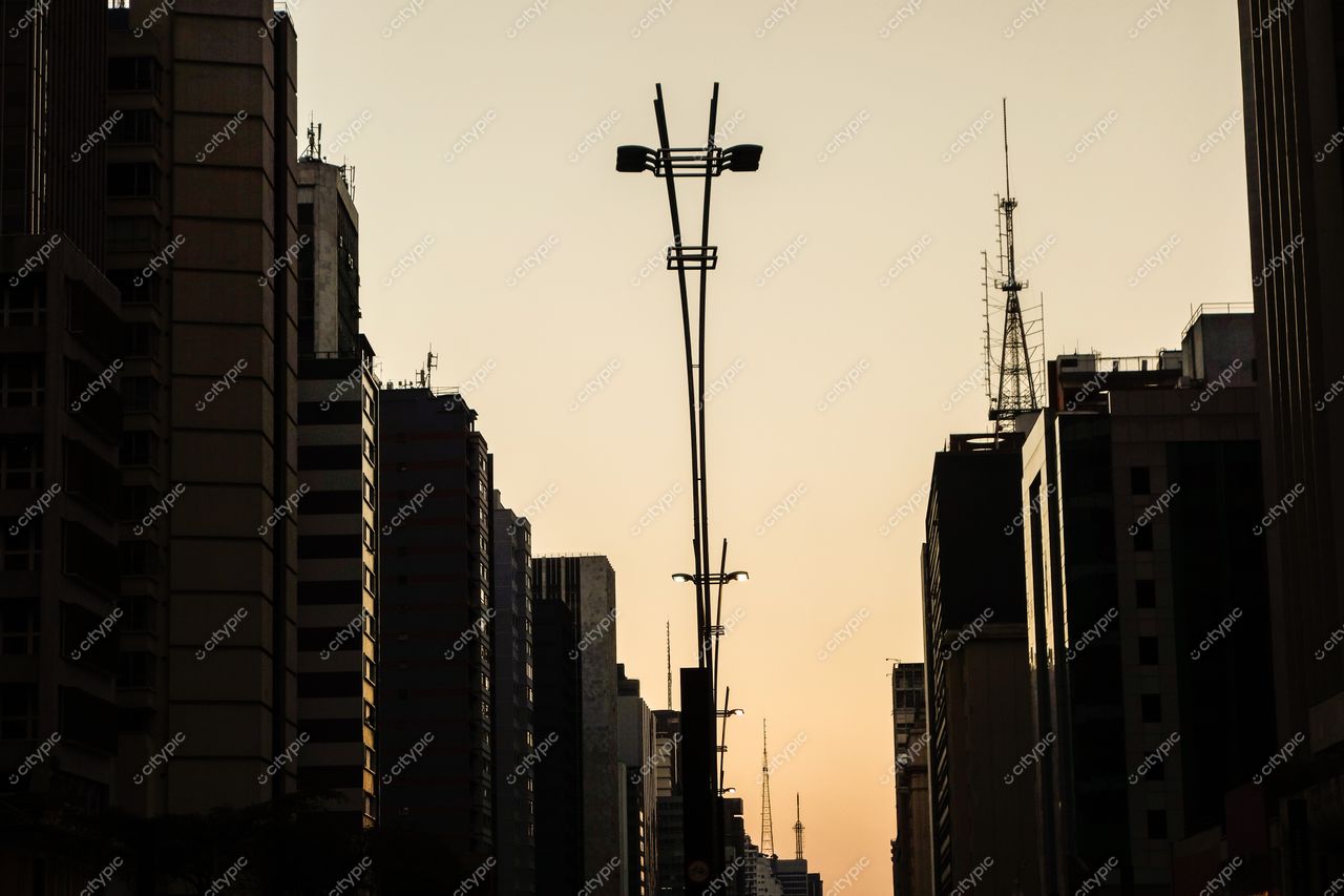 São Paulo, São Paulo, silhuetas de edifícios altos ao pôr do sol com postes de iluminação e céu suave