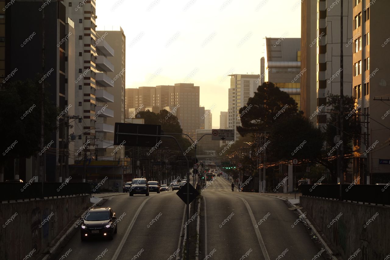 São Paulo, São Paulo, rua iluminada pelo crepúsculo com tráfego leve e prédios modernos entre vegetação esporádica