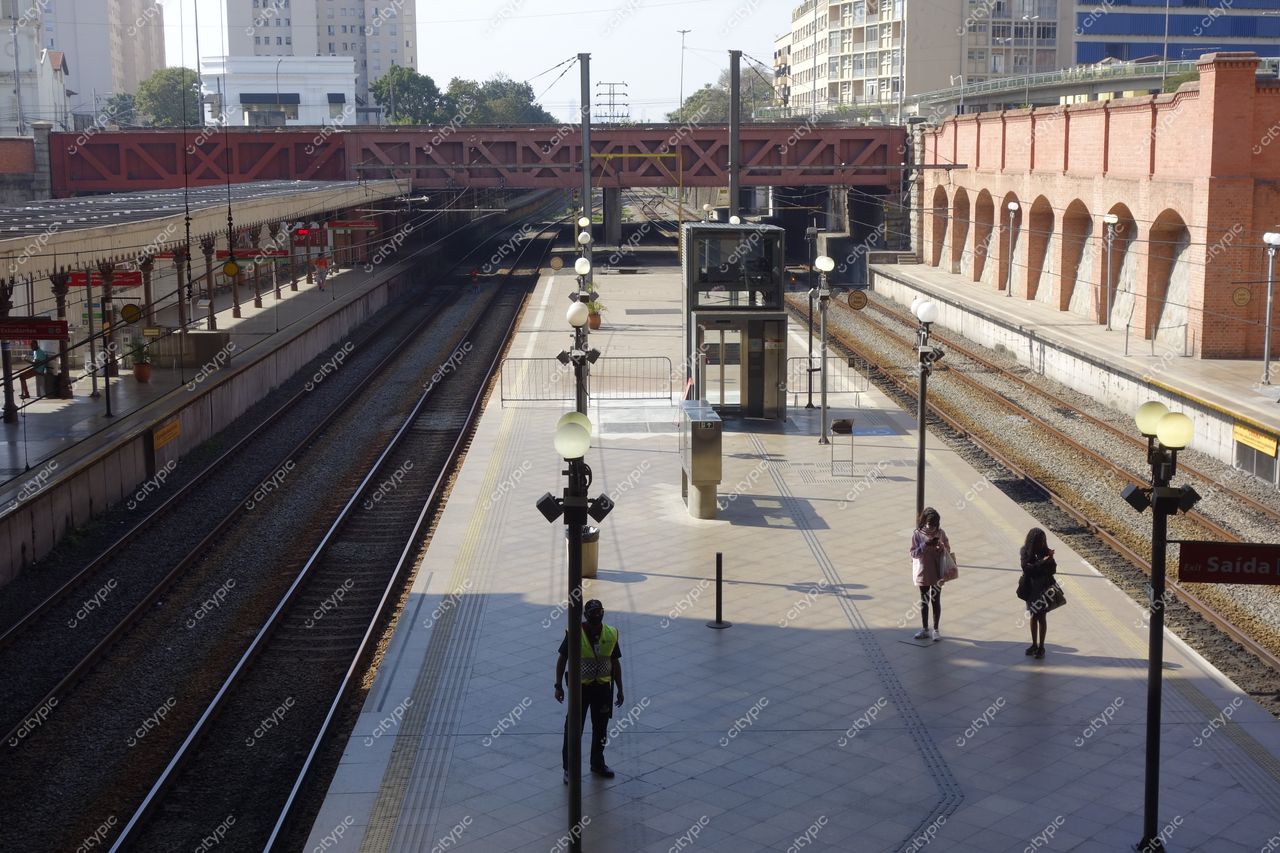 Estação da Luz em São Paulo com plataformas vazias e prédios urbanos ao fundo em dia claro
