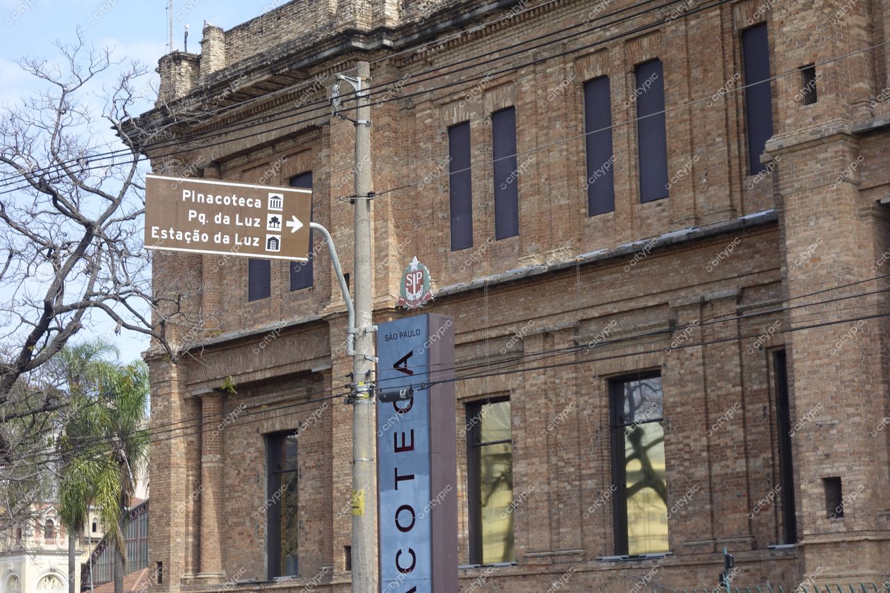 São Paulo, São Paulo, rua iluminada com sinalização para Pinacoteca e Estação da Luz em ambiente urbano sem folhas