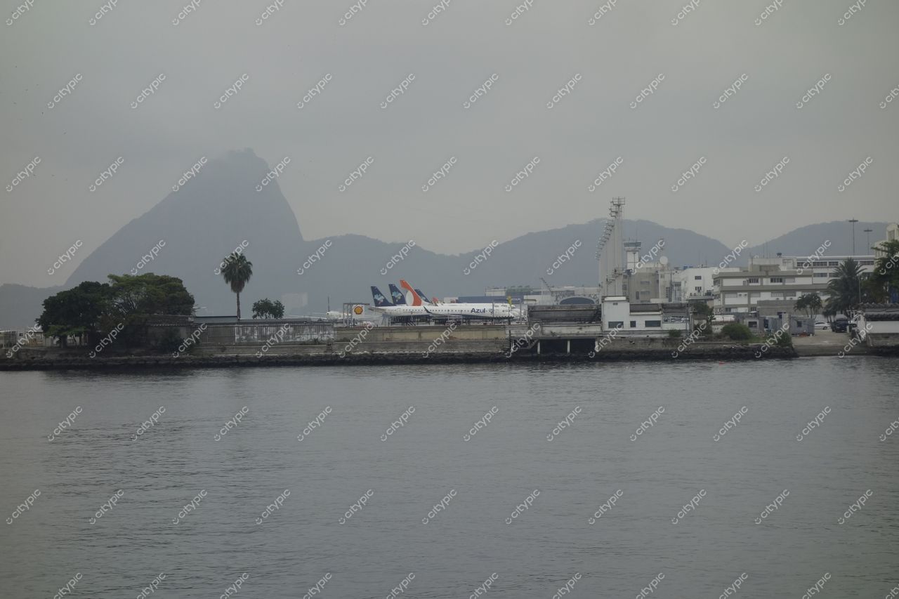 Rio de Janeiro, Rio de Janeiro vista do Porto com montanhas ao fundo e vegetação em primeiro plano sob céu nublado