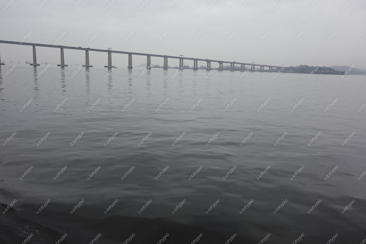 Rio de Janeiro, Rio de Janeiro, viaduto coberto por névoa sobre água calma em dia nublado com vegetação baixa