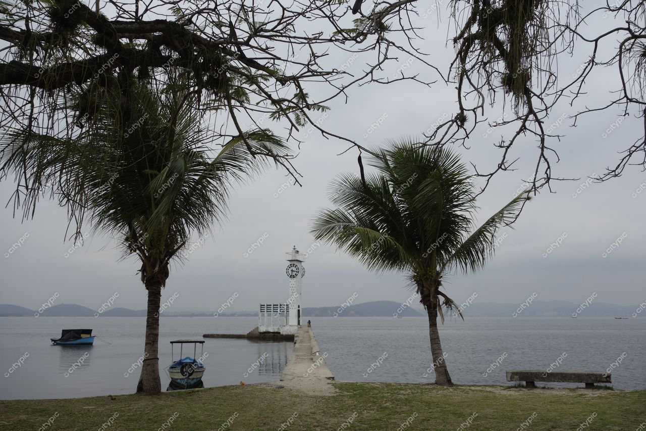 Ilha de Paquetá, Rio de Janeiro com palmeiras e pier sob céu nublado e montanhas ao fundo