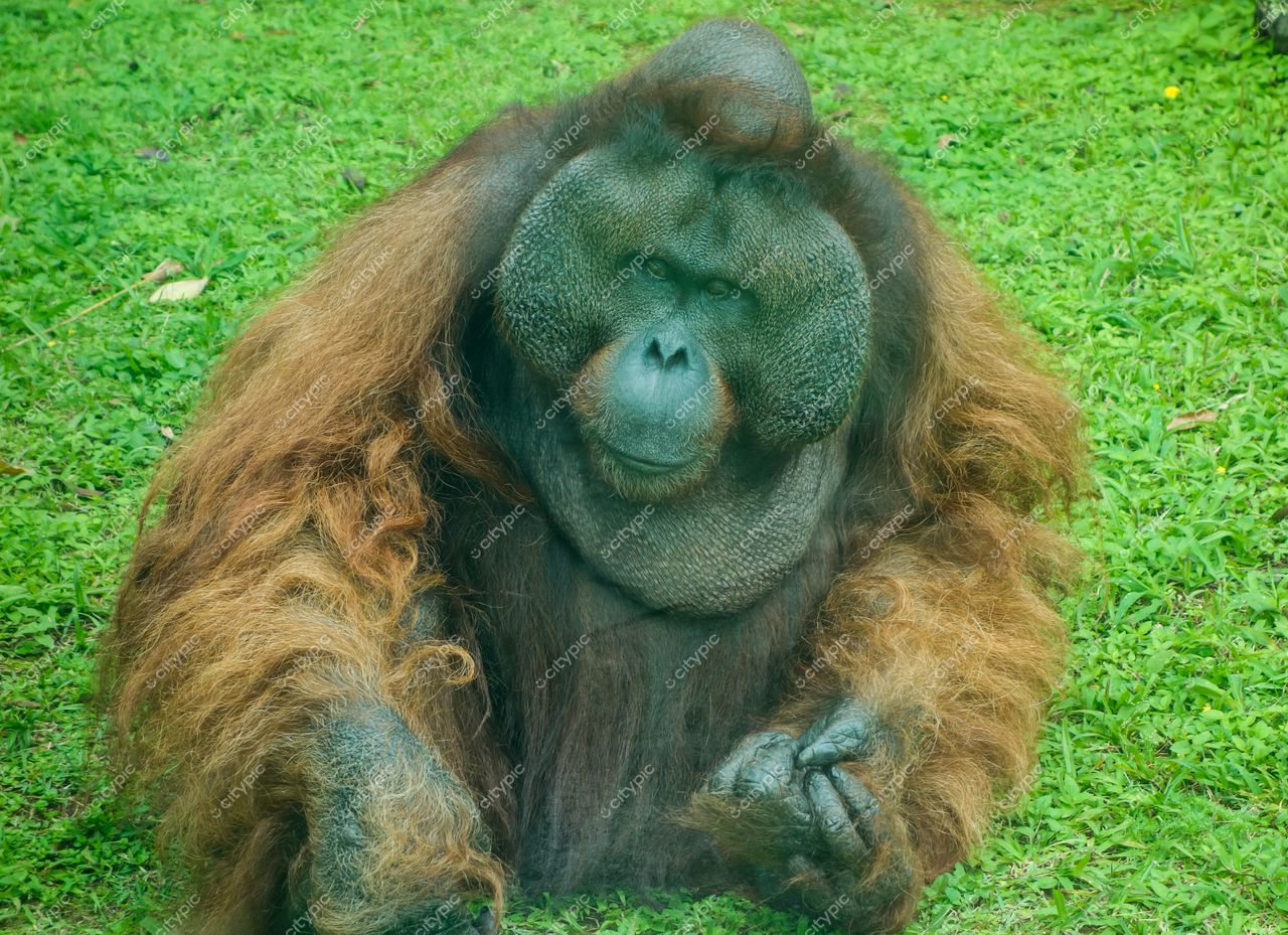 São Paulo, São Paulo, retrato de orangotango em ambiente natural com gramado verde sob luz difusa do dia