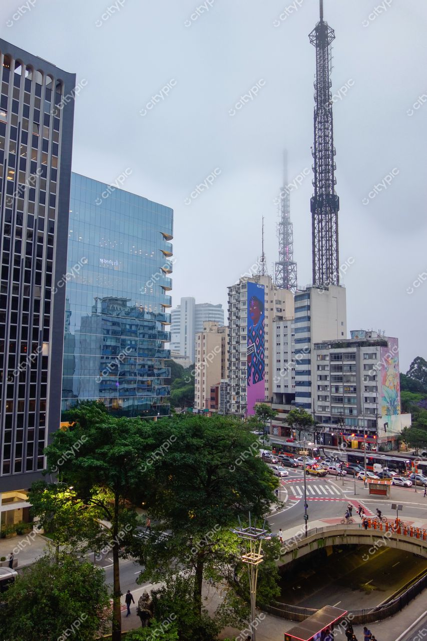 São Paulo, São Paulo, vista urbana em dia nublado com edifícios modernos e torres de telecomunicação ao fundo
