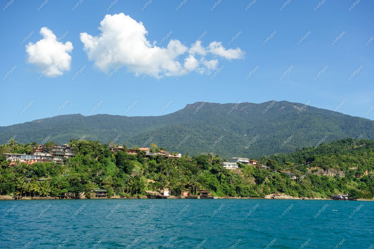 Ilhabela, São Paulo com vegetação densa e residências em harmonia sob céu azul em dia ensolarado