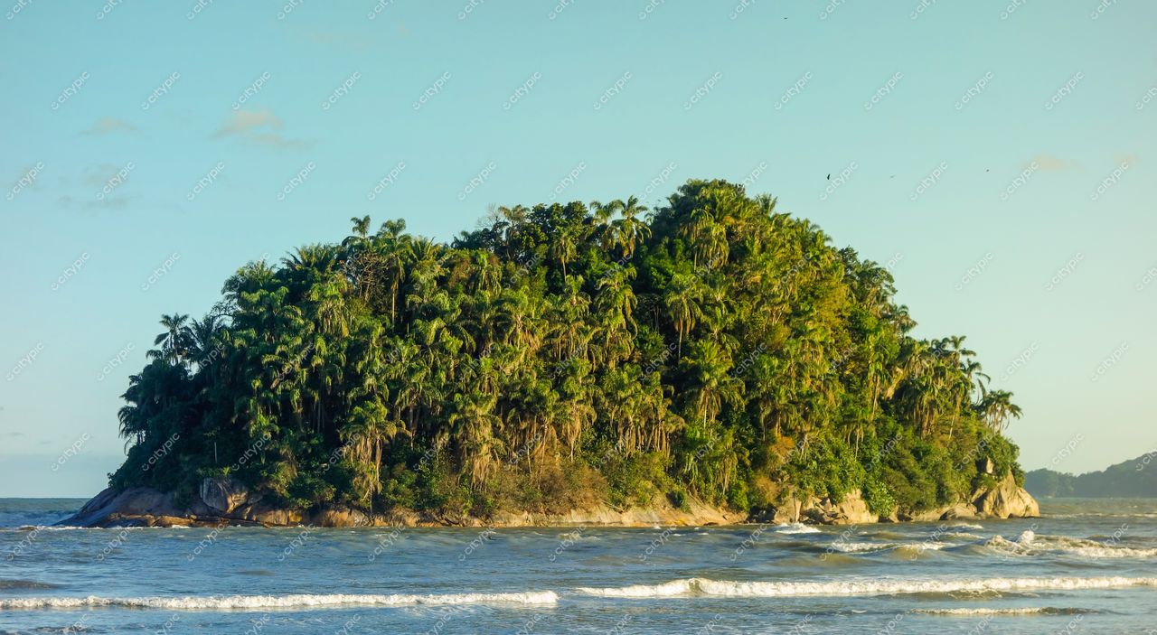 Santos, São Paulo, ilha tropical com densa vegetação e mar calmo ao amanhecer em dia claro
