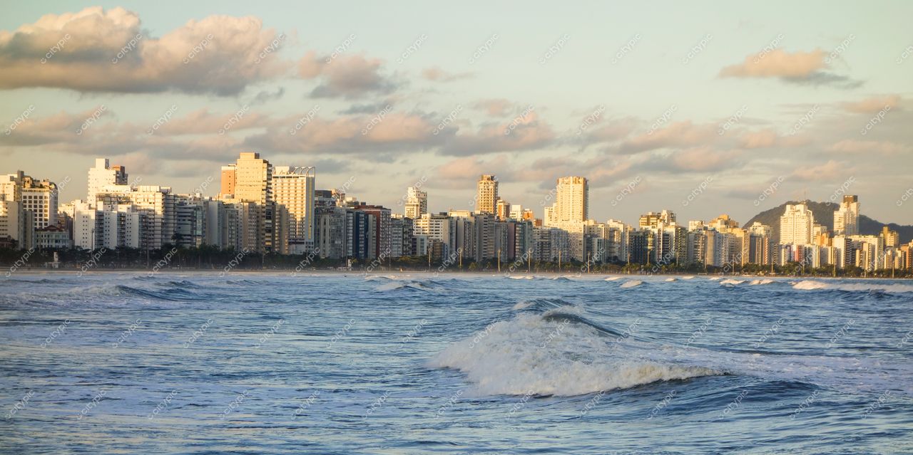 Santos, São Paulo, vista panorâmica da orla com arranha-céus e vegetação em dia ensolarado ao entardecer