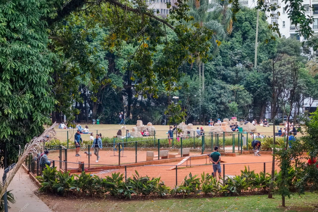 São Paulo, São Paulo, parque com árvores verdes e canchas cercadas em dia nublado com luz difusa