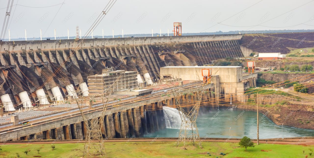 Barragem de Itaipu em Usina de Itaipu com céu nublado e detalhes arquitetônicos visíveis na estrutura de concreto