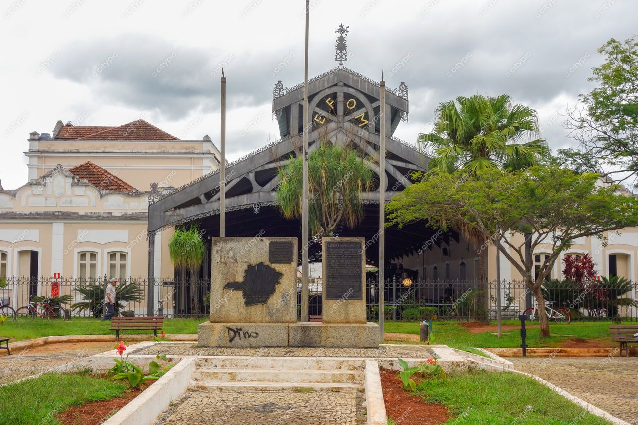 Estação Ferroviária de São João del Rei em dia nublado com arquitetura metálica e ambiente arborizado ao redor