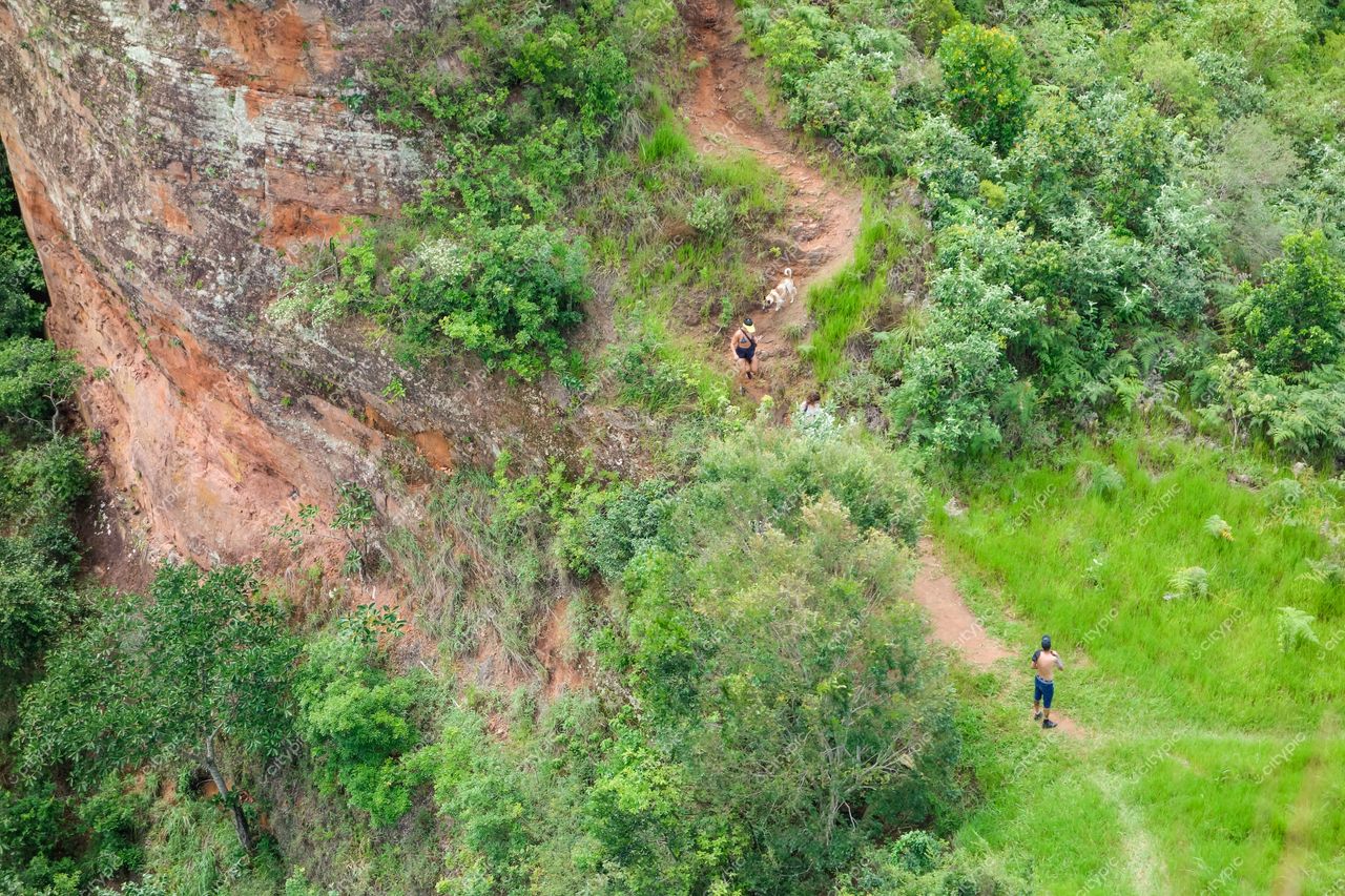 Botucatu, São Paulo, trilha sinuosa em vegetação exuberante com rochas altas e pessoas caminhando durante o dia