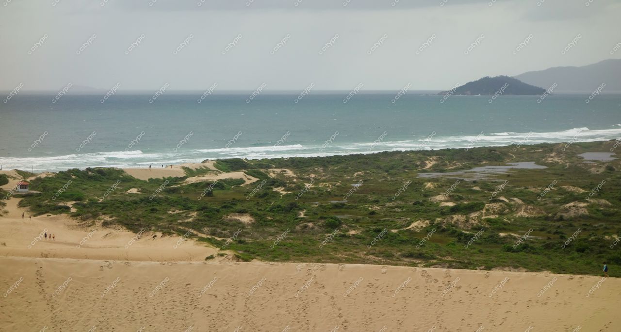 Florianópolis, Santa Catarina, paisagem costeira com dunas de areia, vegetação rasteira e céu nublado ao fundo