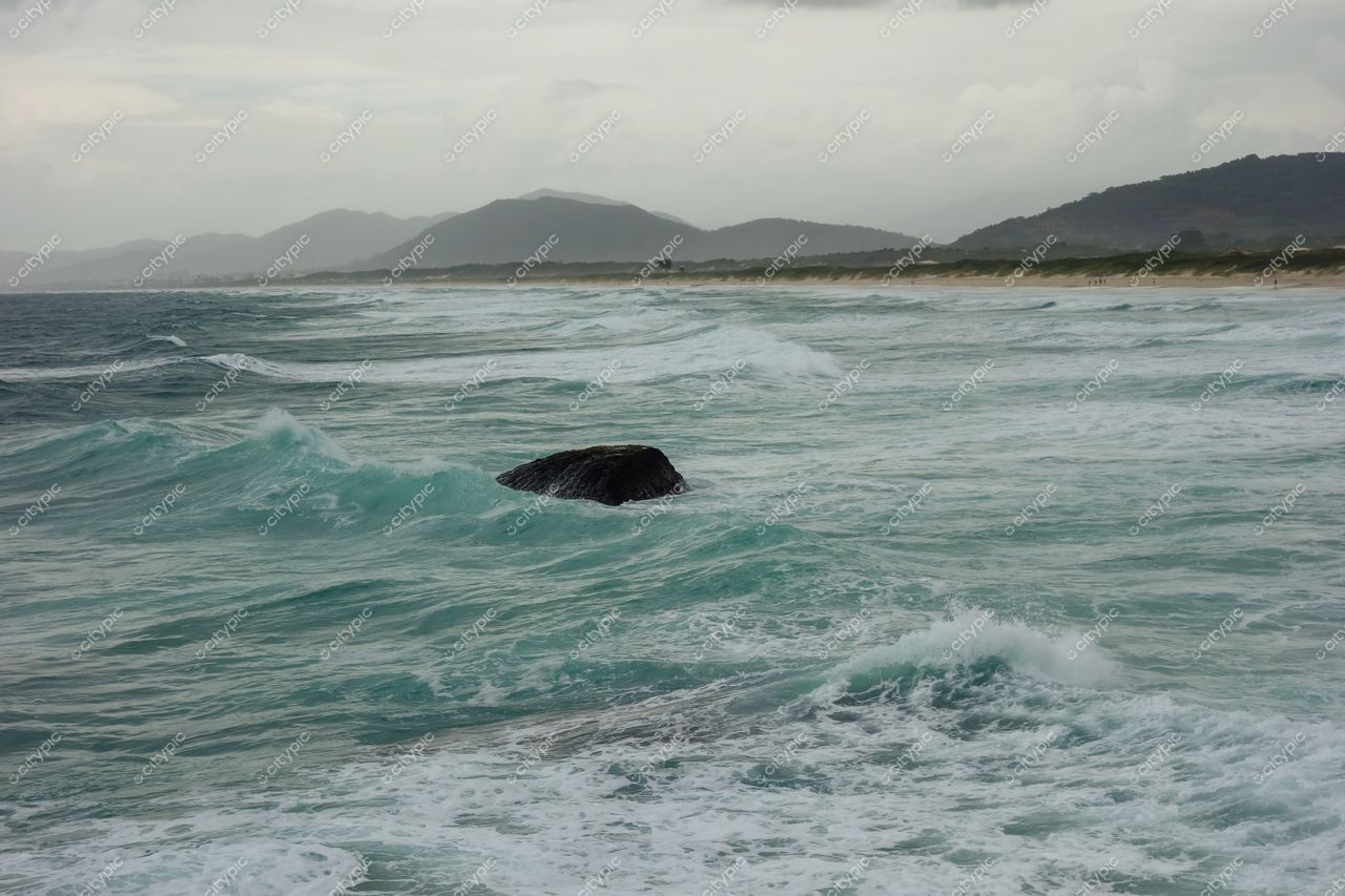Florianópolis, Santa Catarina, costa com ondas agitadas e céu nublado, montanhas ao fundo e vegetação baixa