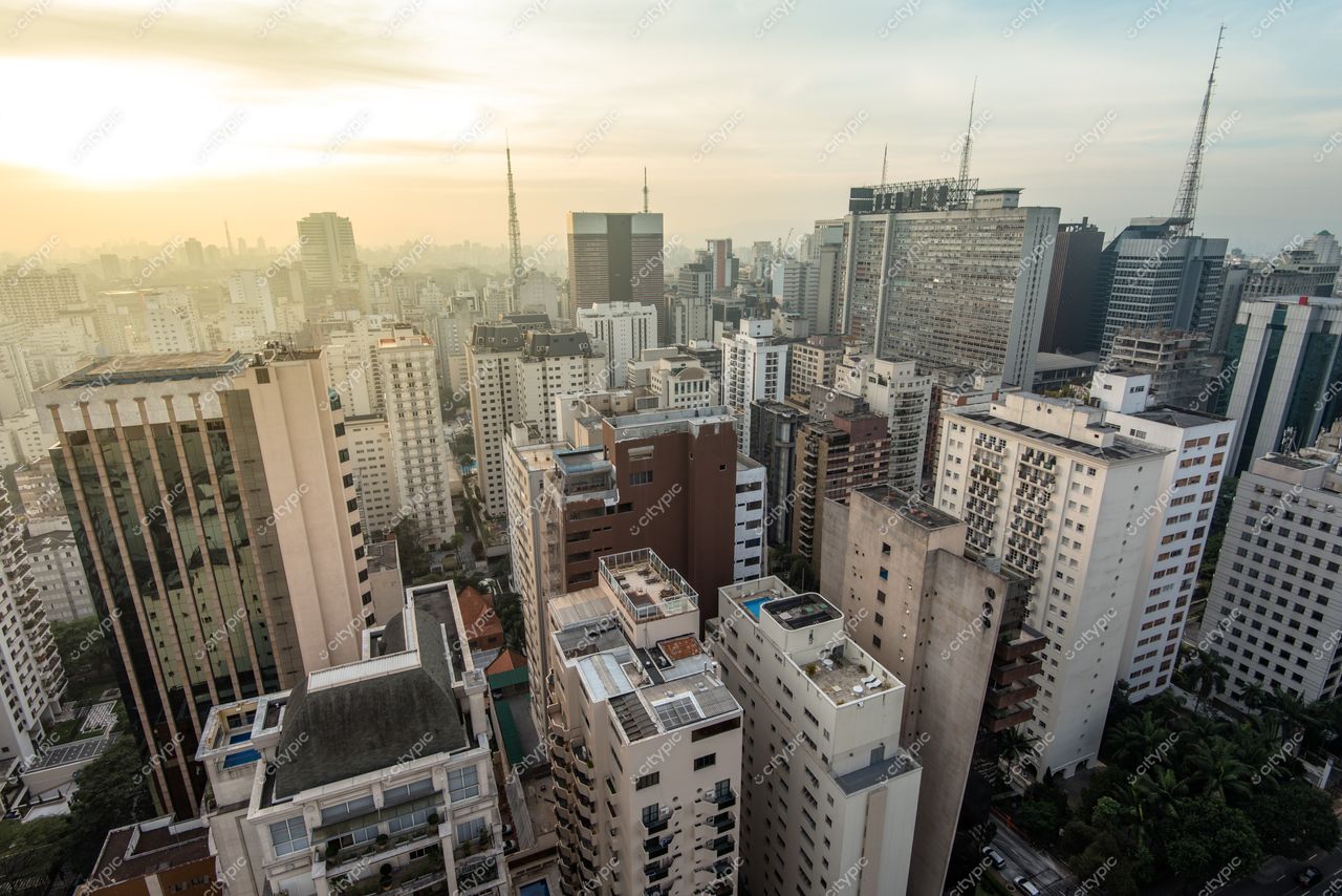São Paulo, São Paulo, vista panorâmica da cidade ao entardecer com vegetação entre edifícios de diferentes estilos arquitetônicos