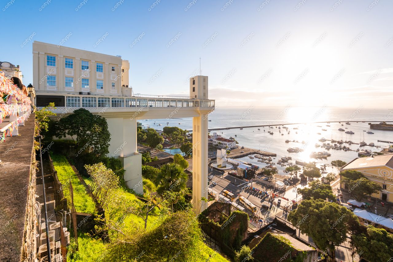 Salvador, Bahia vista panorâmica da Baía de Todos os Santos com edifício moderno e vegetação ao amanhecer