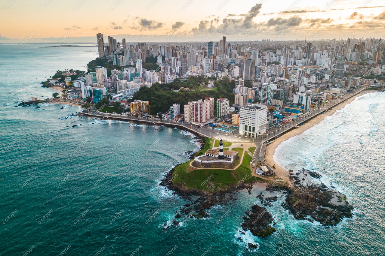 Salvador, Bahia vista panorâmica ao amanhecer com vegetação, edifícios e oceano verde-azulado em destaque