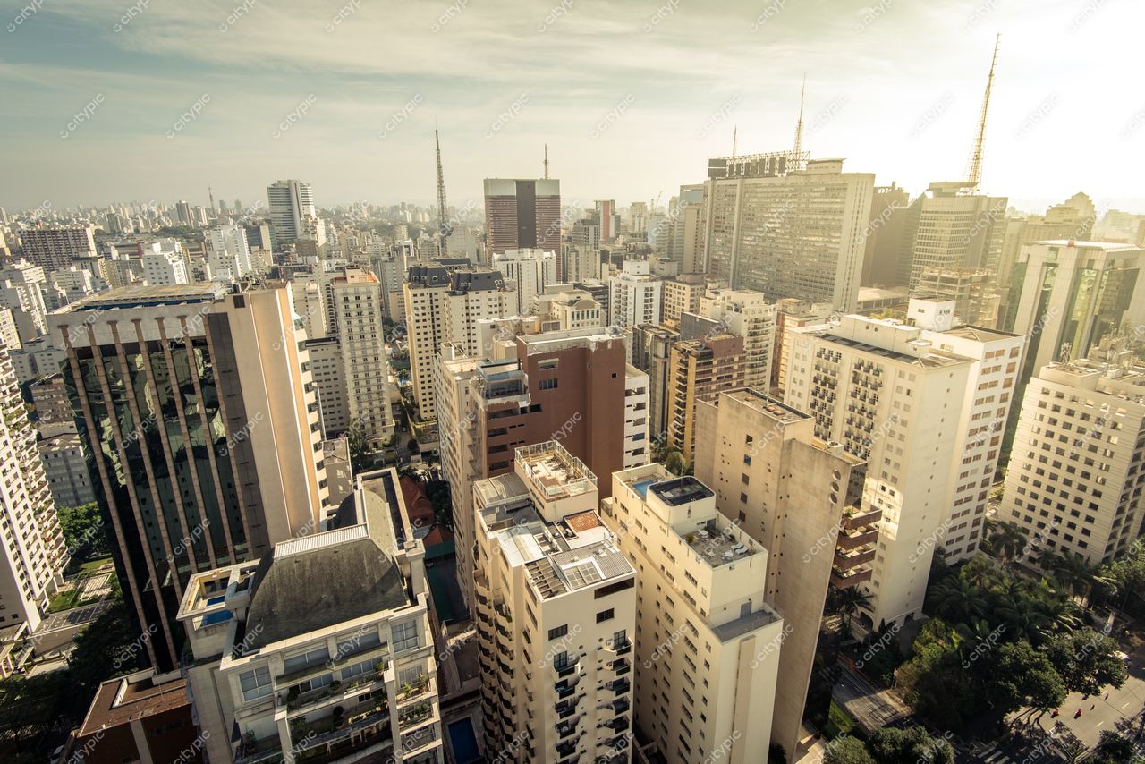São Paulo, São Paulo com vista panorâmica em dia claro destacando arranha-céus e áreas verdes entre edifícios