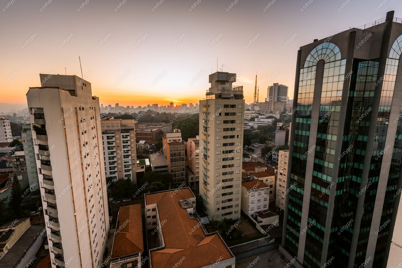 São Paulo, São Paulo, vista aérea ao amanhecer com edifícios variados e vegetação entre os prédios