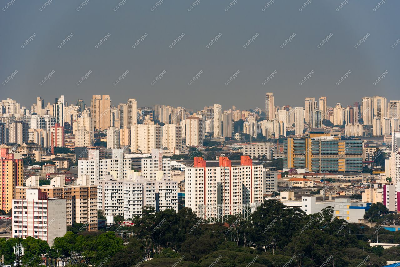 São Paulo, São Paulo, vista panorâmica do skyline urbano com edifícios altos e áreas arborizadas em dia neblinado
