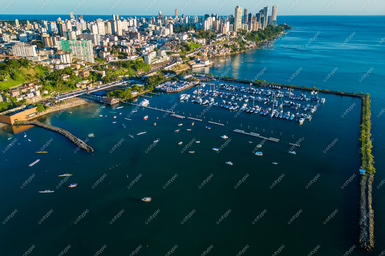 Salvador, Bahia vista aérea da orla com marina, edifícios altos e vegetação em dia ensolarado e claro