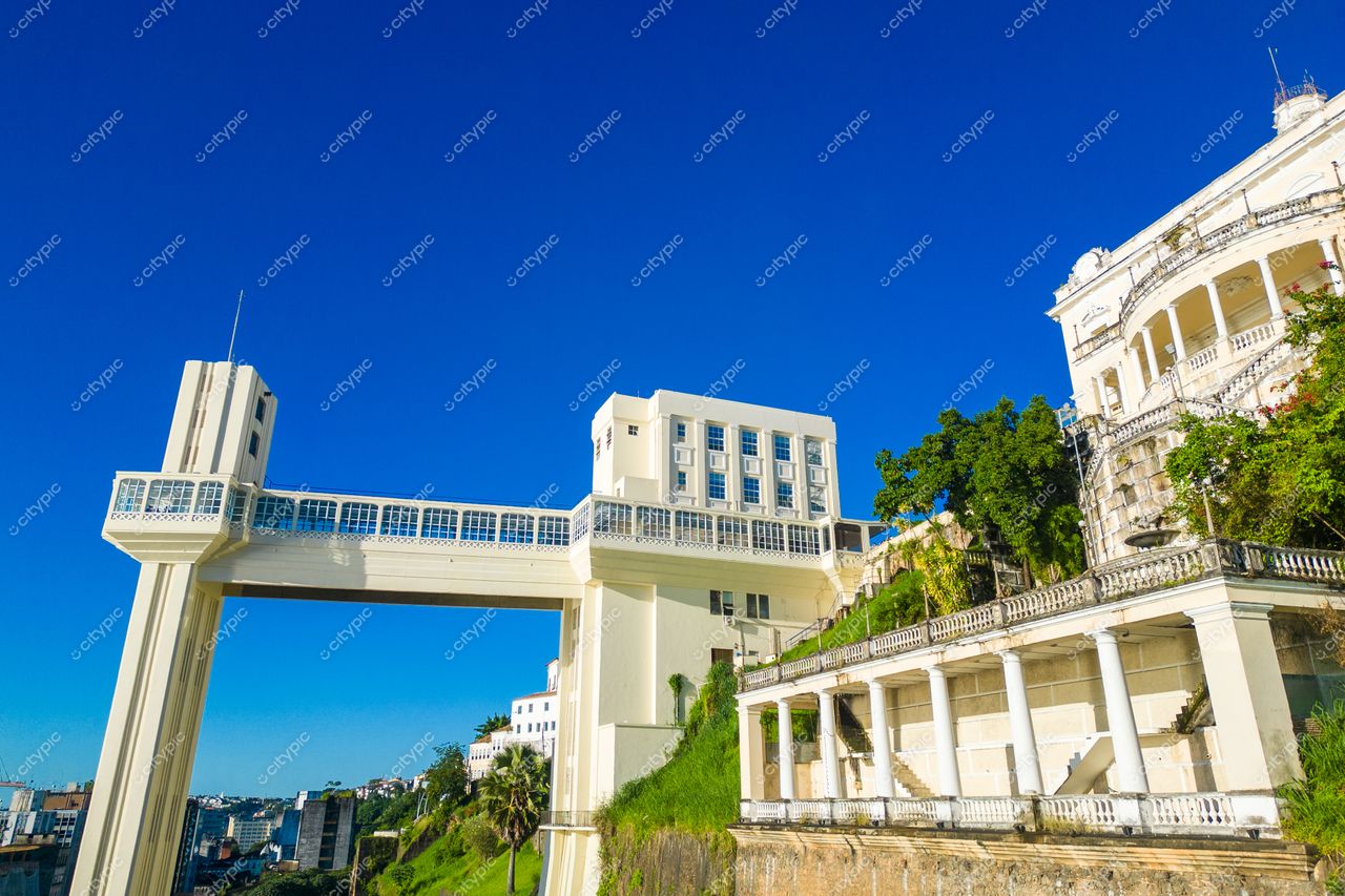 Salvador, Bahia, vista da elevação Lacerda em dia ensolarado com vegetação exuberante e arquitetura moderna ao fundo